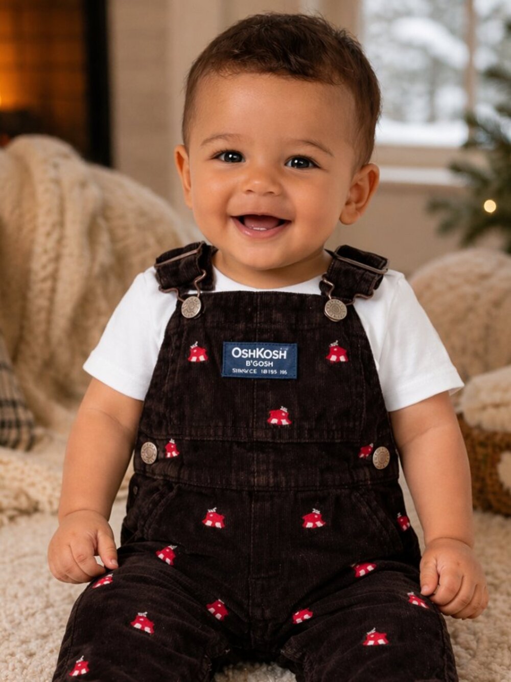 OshKosh B’gosh Baby Boy Black Corduroy Overalls 3 Months Train Print Gently Used